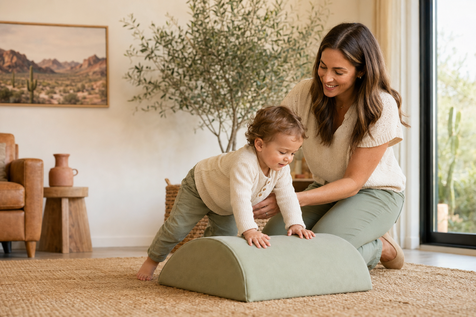 A pediatric physical therapist supporting a young child during movement play at home